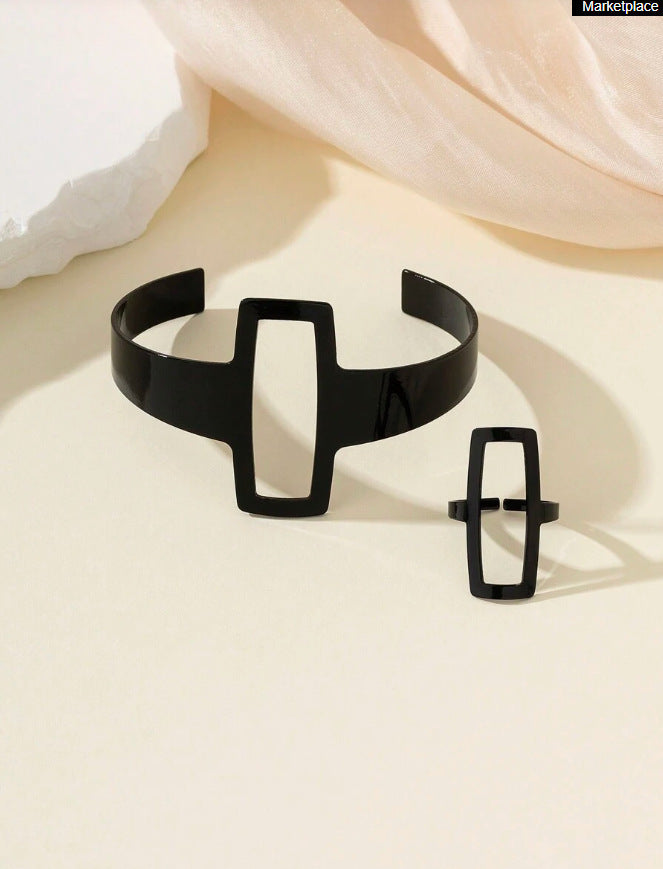 Fashion Design Geometric Bracelet Ring Set Female Niche Retro Temperament Female