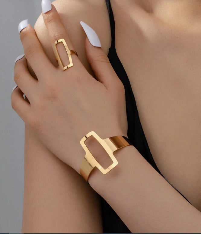 Fashion Design Geometric Bracelet Ring Set Female Niche Retro Temperament Female