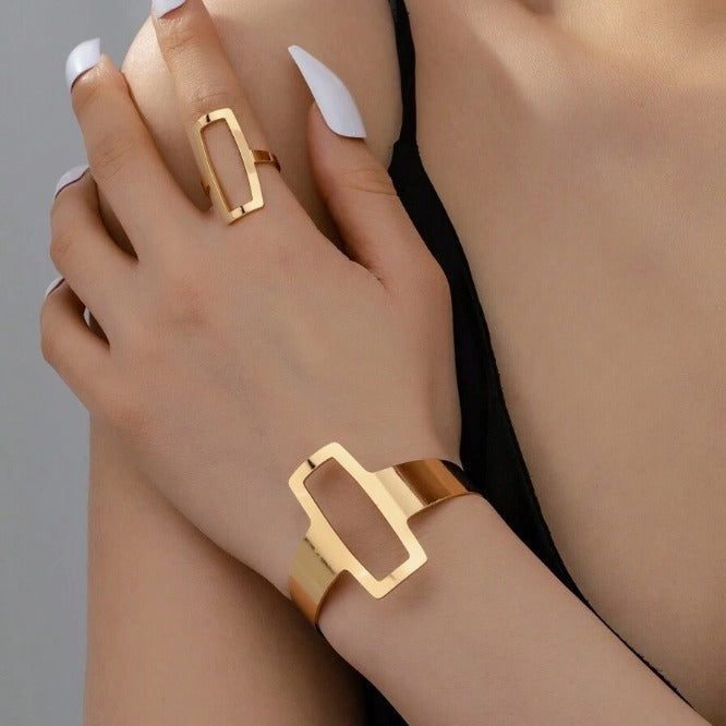 Fashion Design Geometric Bracelet Ring Set Female Niche Retro Temperament Female